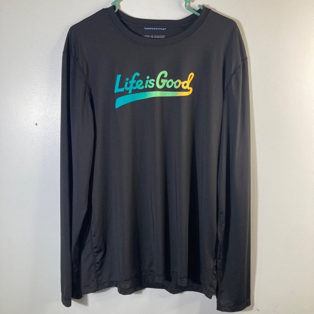 Mens Life is Good Active Long‎ Sleeve Shirt Rash Guard Black M Polyester Spandex